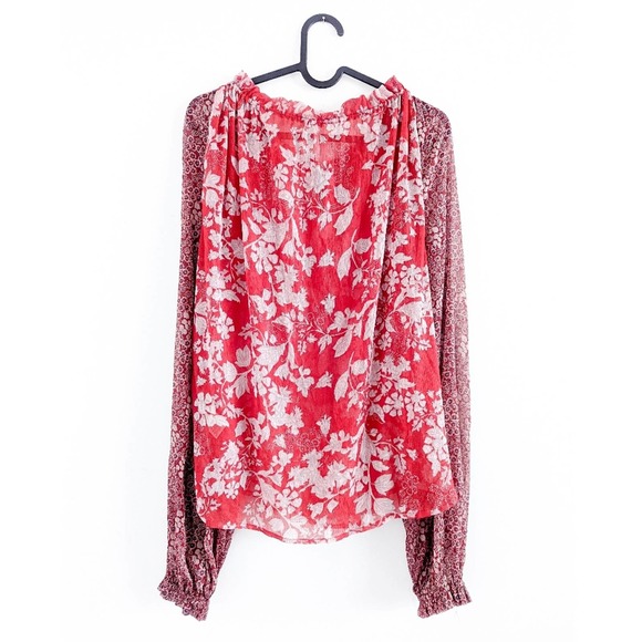 Free People Hendrix Red Floral Boho Peasant Tasseled Blouse Size XS - Picture 3 of 11